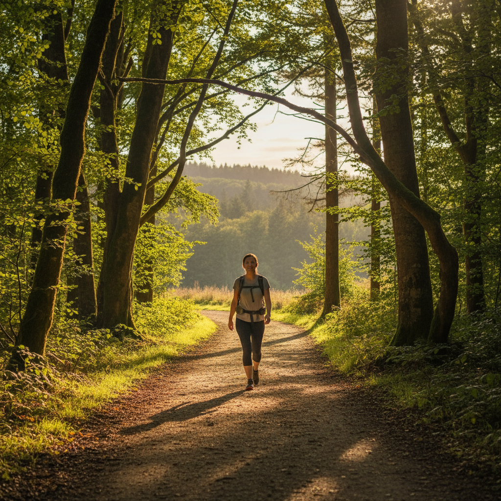 Person walking outdoors in nature, representing an active and balanced lifestyle