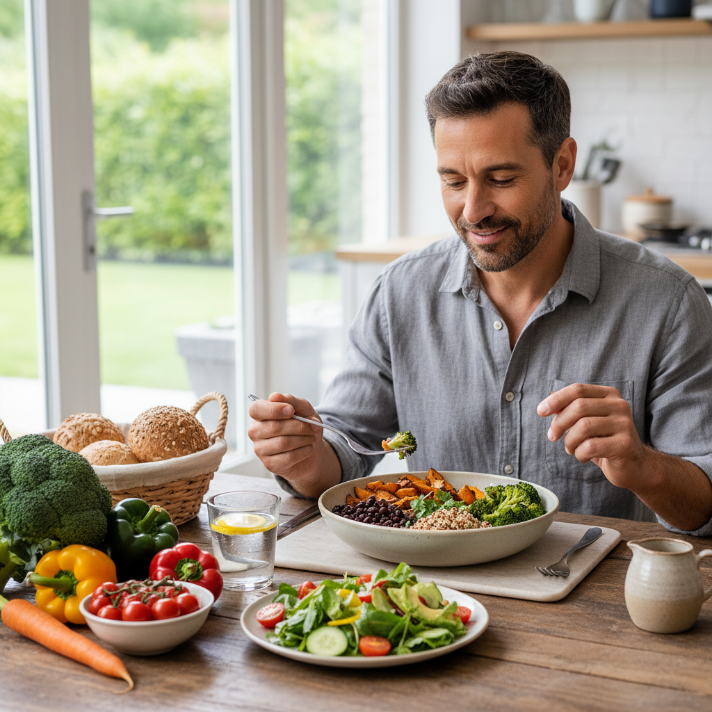 Man enjoying a nutritious balanced meal at a table with fresh vegetables and whole grains
